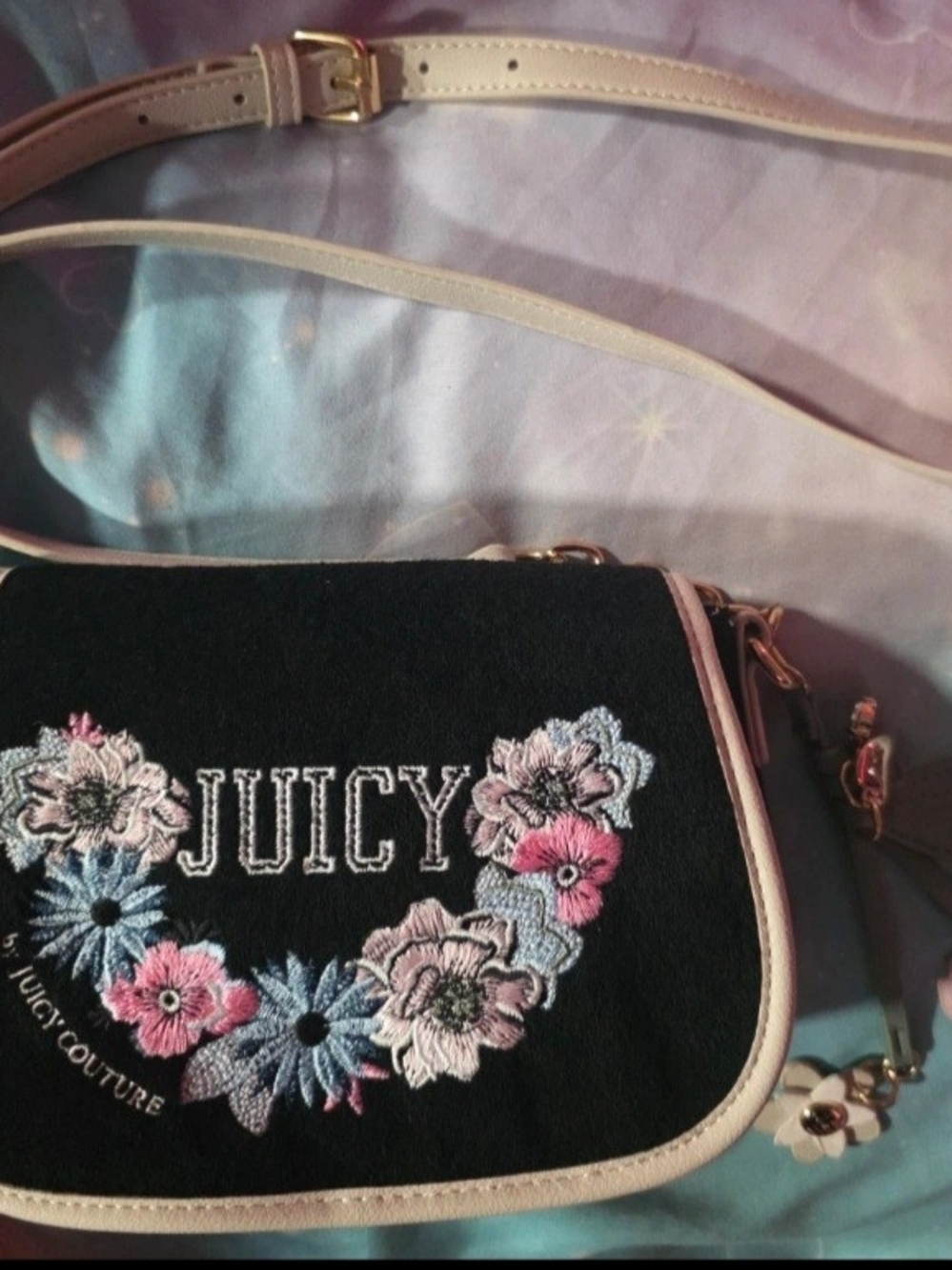 Juicy Couture Black Floral Embroidered Crossbody with Pink Trim